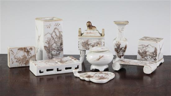 A Chinese nine piece porcelain scholars table set, c.1885-1910, 5.2-9cm, some faults